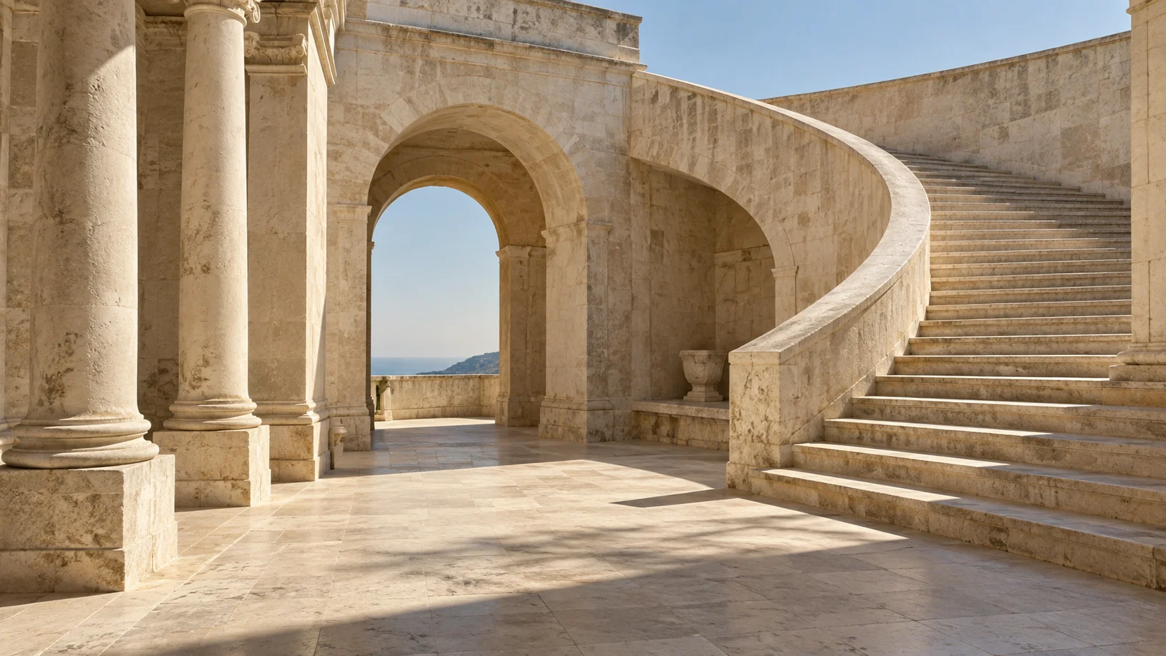 Columnas de piedra clara, arcos y una escalera curva en un espacio arquitectónico mediterráneo