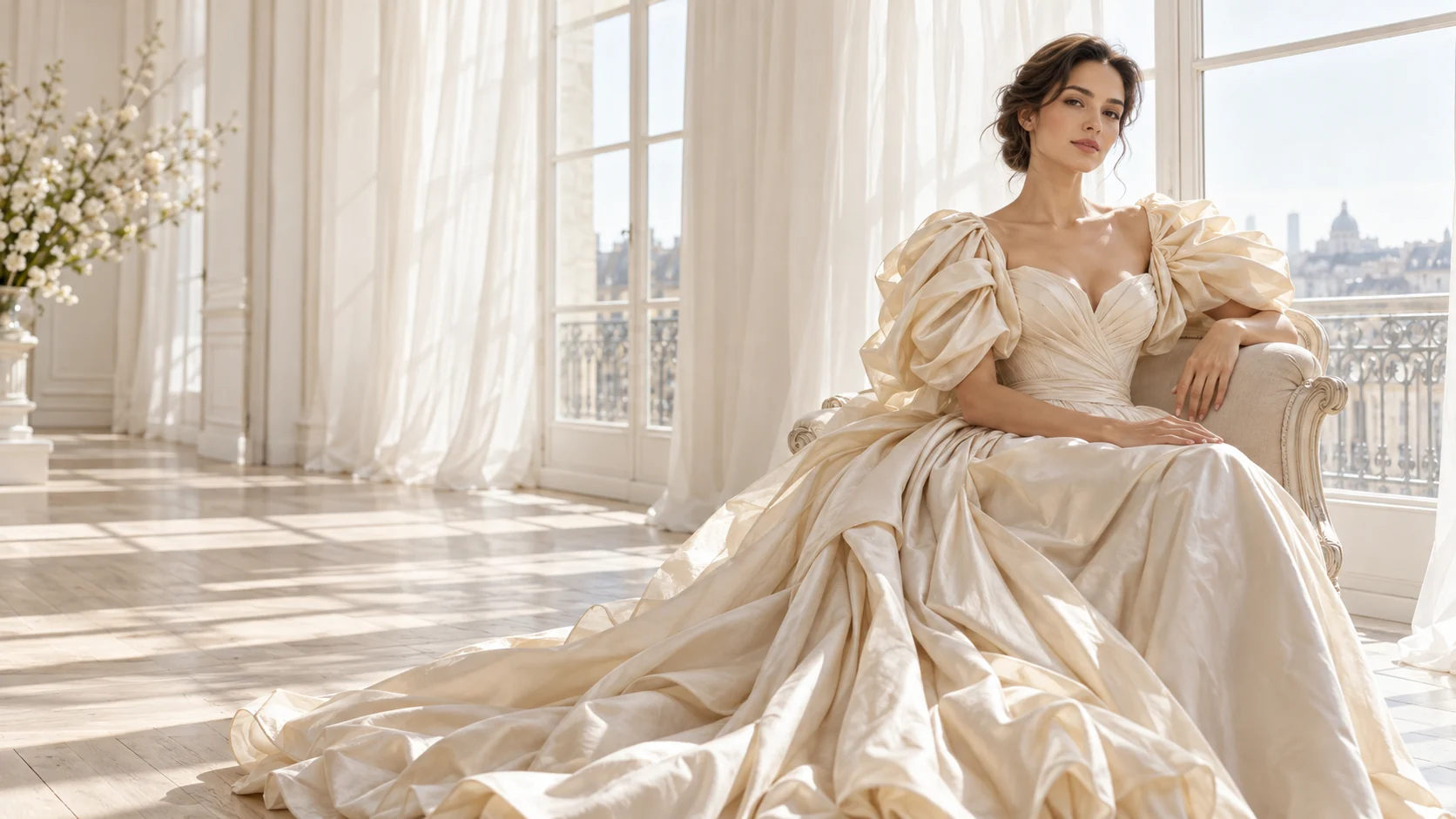 Modelo con un vestido champagne de mangas amplias junto a una ventana de atelier