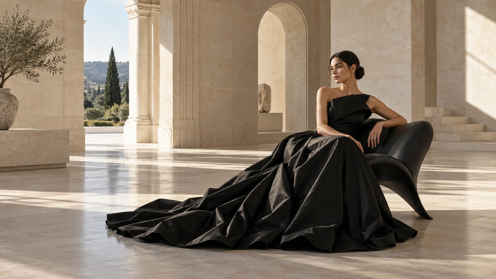 Modelo sentada en una silla con un vestido negro estructurado, entre columnas claras