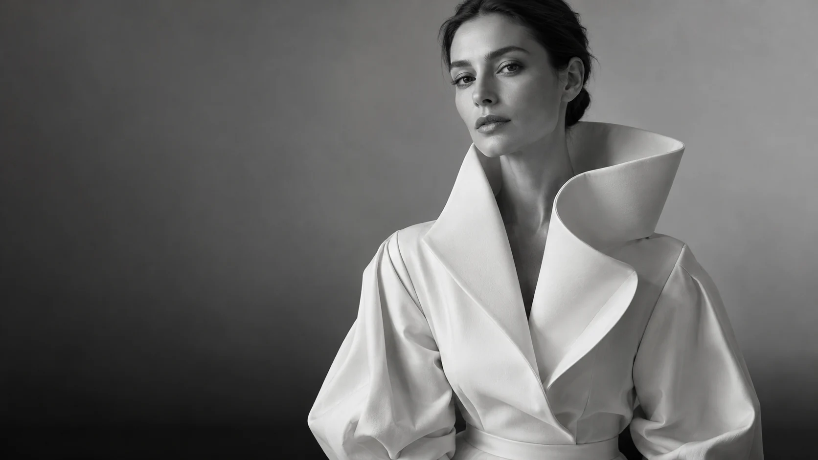 Retrato en blanco y negro que muestra una blusa con un cuello alto asimétrico