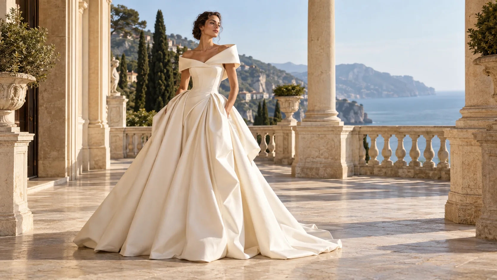Modelo con un vestido marfil de volumen escultórico en una terraza junto al Mediterráneo