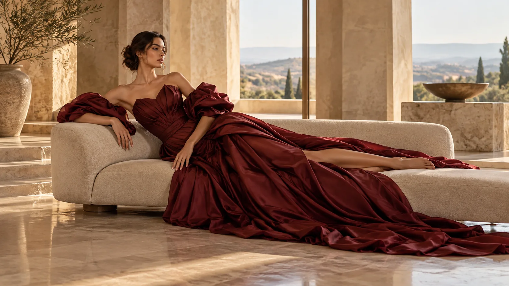 Modelo recostada en una chaise longue con un vestido de noche burdeos