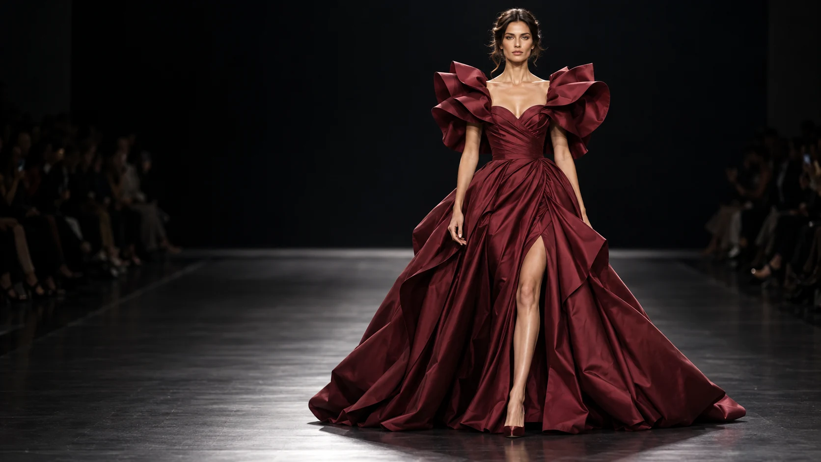 Modelo en pasarela con un vestido de alta costura burdeos de silueta dramática